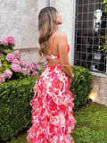 Plataz A Line Spaghetti Straps Floral Red Sleeveless Ruffles Evening Prom Dresses SD1421 HZ0628