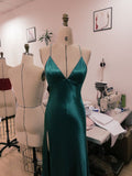 Plataz Teal Blue Satin V-neck Formal Prom Party Dress with Slit SD1445 HZ0628