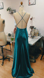Plataz Teal Blue Satin V-neck Formal Prom Party Dress with Slit SD1445 HZ0628