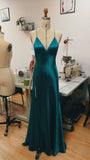Plataz Teal Blue Satin V-neck Formal Prom Party Dress with Slit SD1445 HZ0628