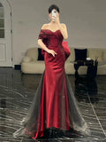 Plataz Mermaid Off The Shoulder Burgundy Long Party Dress Satin Prom Dresses SD1467 HZ0628