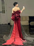 Plataz Mermaid Off The Shoulder Burgundy Long Party Dress Satin Prom Dresses SD1467 HZ0628