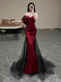 Plataz Mermaid Off The Shoulder Burgundy Long Party Dress Satin Prom Dresses SD1467 HZ0628