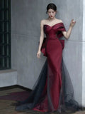 Plataz Mermaid Off The Shoulder Burgundy Long Party Dress Satin Prom Dresses SD1467 HZ0628