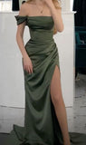 Plataz Mermaid Off The Shoulder Green Long Evening Dress Satin Slit Prom Dresses SD1495 HZ0628