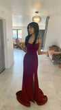 Plataz Mermaid Spaghetti Straps Burgundy Long Evening Dress Satin Prom Dresses SD1507 HZ0628