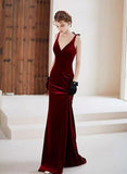 Plataz Mermaid Straps Burgundy Long Evening Dress Velvet Prom Dresses SD1508 HZ0628