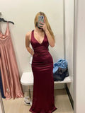 Plataz Sheath Halter V Neckline Burgundy Satin Slit Party Dress Long Prom Dresses SD1520 HZ0628