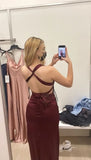 Plataz Sheath Halter V Neckline Burgundy Satin Slit Party Dress Long Prom Dresses SD1520 HZ0628