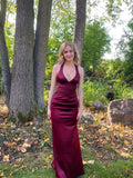 Plataz Sheath Halter V Neckline Burgundy Satin Slit Party Dress Long Prom Dresses SD1520 HZ0628