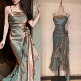 Plataz Mermaid Spaghetti Straps Satin Long Party Dress Prom Dresses SD1523 HZ0628