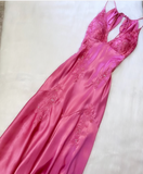 Plataz Mermaid Spaghetti Straps Pink Satin Backless Long Evening Dress Prom Dresses SD1549 HZ0628