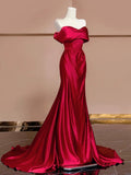 Plataz Mermaid Off The Shoulder Satin Red Floor Length Evening Dress Prom Dresses SD1614 HZ0628