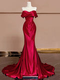 Plataz Mermaid Off The Shoulder Satin Red Floor Length Evening Dress Prom Dresses SD1614 HZ0628