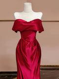 Plataz Mermaid Off The Shoulder Satin Red Floor Length Evening Dress Prom Dresses SD1614 HZ0628