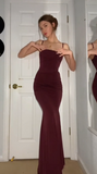 Plataz Mermaid Spaghetti Straps Burgundy Long Evening Dress Prom Dresses SD1644 HZ0628
