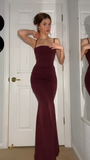 Plataz Mermaid Spaghetti Straps Burgundy Long Evening Dress Prom Dresses SD1644 HZ0628