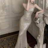 Plataz Mermaid Spaghetti Straps Sequin Floor Length Evening Dress Prom Dresses SD1650 HZ0628