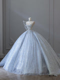 Plataz Ball Gown Strapless Neckline Sequin Light Sky Blue Long Wedding Dresses Brides Dress SD1656 HZ0628