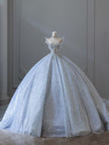 Plataz Ball Gown Strapless Neckline Sequin Light Sky Blue Long Wedding Dresses Brides Dress SD1656 HZ0628