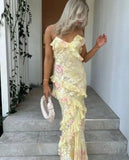 Plataz Mermaid Spaghetti Straps Floor Length Floral Yellow Chiffon Evening Dress Prom Dresses HZ0628