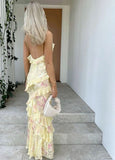 Plataz Mermaid Spaghetti Straps Floor Length Floral Yellow Chiffon Evening Dress Prom Dresses HZ0628