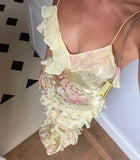 Plataz Mermaid Spaghetti Straps Floor Length Floral Yellow Chiffon Evening Dress Lace Prom Dresses SD1707 HZ0628