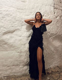 Plataz Mermaid Spaghetti Straps Chiffon Black Backless Prom Dresses SD1711 HZ0628