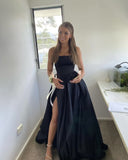 Plataz A Line Strapless Black Satin Evening Dress With Split Prom Dresses SD1715 HZ0628