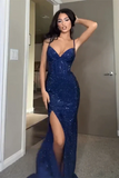Plataz Sheath Spaghetti Straps Royal Blue Slit Long Evening Dress Prom Dresses SD1725 HZ0628