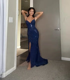 Plataz Sheath Spaghetti Straps Royal Blue Slit Long Evening Dress Prom Dresses SD1725 HZ0628