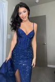 Plataz Sheath Spaghetti Straps Royal Blue Slit Long Evening Dress Prom Dresses SD1725 HZ0628
