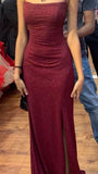 Plataz Sheath Spaghetti Straps Burgundy Slit Long Evening Dress Prom Dresses SD1731 HZ0628