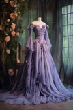Plataz Ball Gown Off The Shoulder Lilac Tulle Flowers Evening Dress Prom Dresses SD1739 HZ0628