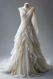 Plataz Ball Gown V Neckline Pleats White Chiffon Wedding Dresses SD1741 HZ0628