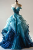 Plataz Light Off The Shoulder Tulle Blue Party Dress Prom Dress Evening Dress SD1755 HZ0628