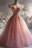 Plataz Ball Gown Off The Shoulder Pink Tulle Party Dress Long Prom Dress Evening Dresses SD1768 HZ0628