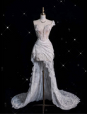 Plataz High Low One Shoulder Lace White Long Wedding Dresses SD1943 HZ0628
