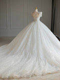 Plataz Ball Gown Square Neckline Short Sleeves Sequin White Wedding Dresses Brides Dress SD1949 HZ0628