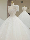 Plataz Ball Gown Square Neckline Short Sleeves Sequin White Wedding Dresses Brides Dress SD1949 HZ0628