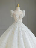 Plataz Ball Gown Square Neckline Short Sleeves Sequin White Wedding Dresses Brides Dress SD1949 HZ0628