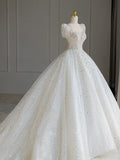 Plataz Ball Gown Square Neckline Short Sleeves Sequin White Wedding Dresses Brides Dress SD1949 HZ0628