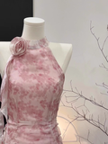 Plataz A Line Halter Ruffled Pink Floral Short Women's Holiday Dresses SD194 HZ0628