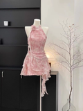 Plataz A Line Halter Ruffled Pink Floral Short Women's Holiday Dresses SD194 HZ0628