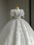 Plataz Ball Gown Square Neckline Short Sleeves Sequin White Wedding Dresses Brides Dress SD1950 HZ0628