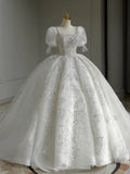 Plataz Ball Gown Square Neckline Short Sleeves Sequin White Wedding Dresses Brides Dress SD1950 HZ0628