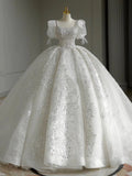 Plataz Ball Gown Square Neckline Short Sleeves Sequin White Wedding Dresses Brides Dress SD1950 HZ0628