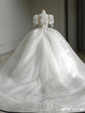 Plataz Ball Gown Square Neckline Short Sleeves Sequin White Wedding Dresses Brides Dress SD1950 HZ0628