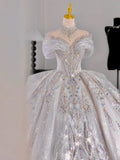 Plataz Ball Gown Off The Shoulder Short Sleeves Sequin White Wedding Dresses Brides Dress SD1955 HZ0628
