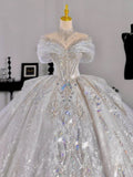 Plataz Ball Gown Off The Shoulder Short Sleeves Sequin White Wedding Dresses Brides Dress SD1955 HZ0628